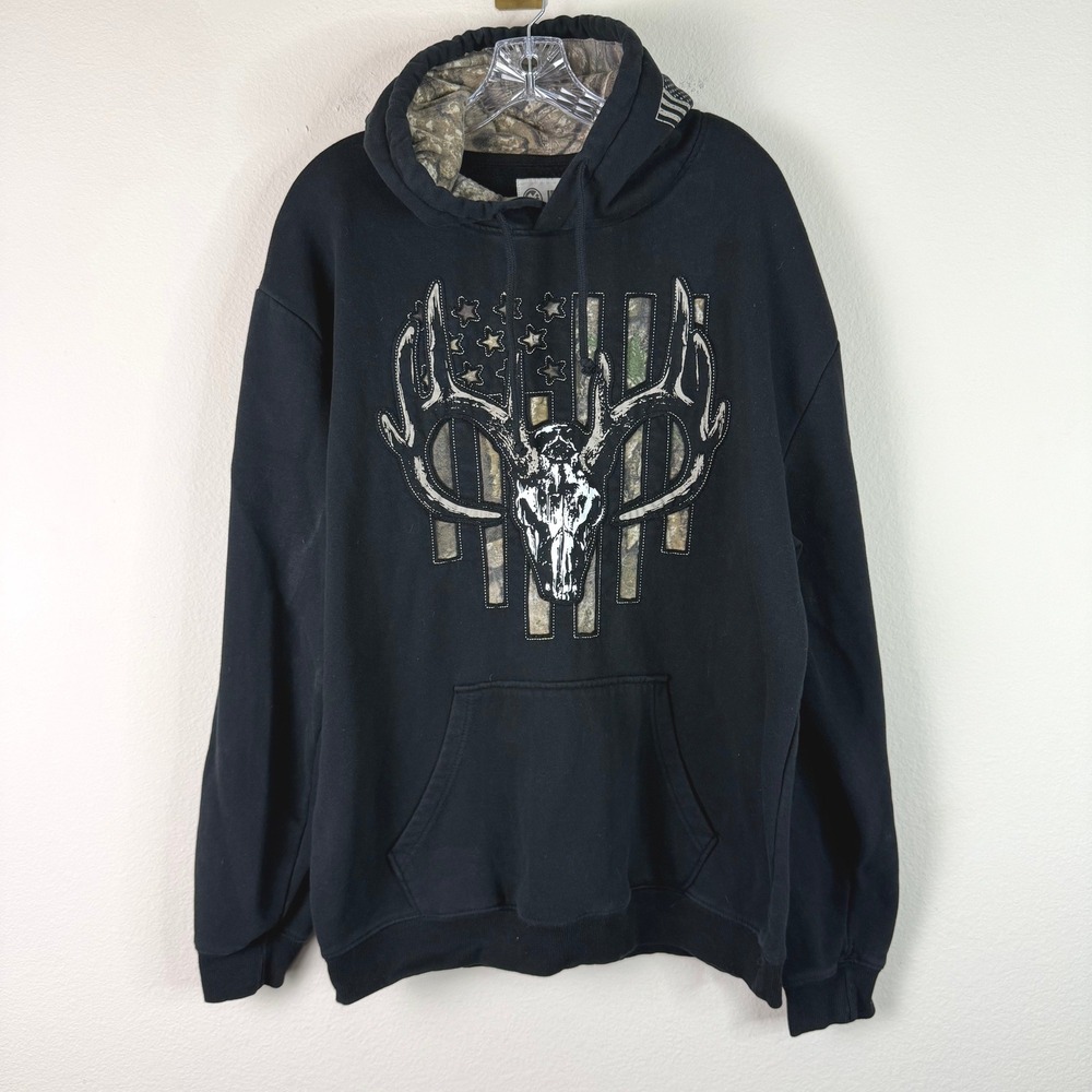 Jedco Hoodie Mens XL Black Deer Skull Camo American Flag Graphic Pullover